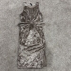 Sleeveless Knot-Ring Velvet Midi Dress in Taupe